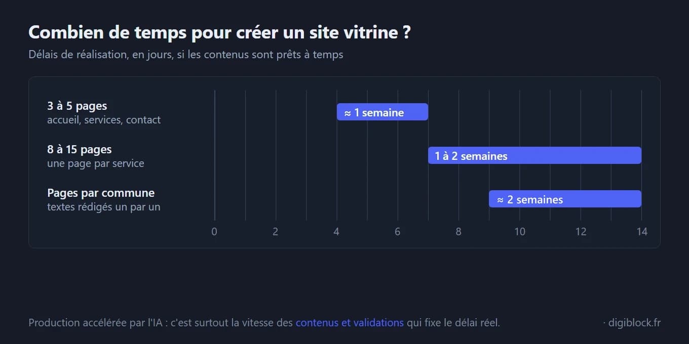 Graphique en barres d'intervalle des délais indicatifs de création d'un site vitrine, sur un axe de 0 à 14 jours : environ une semaine pour un site de 3 à 5 pages (accueil, services, contact), une à deux semaines pour 8 à 15 pages avec une page par service, environ deux semaines pour un site avec des pages par commune aux textes rédigés un par un. Note : c'est souvent la vitesse des contenus et des validations qui fixe le délai réel.