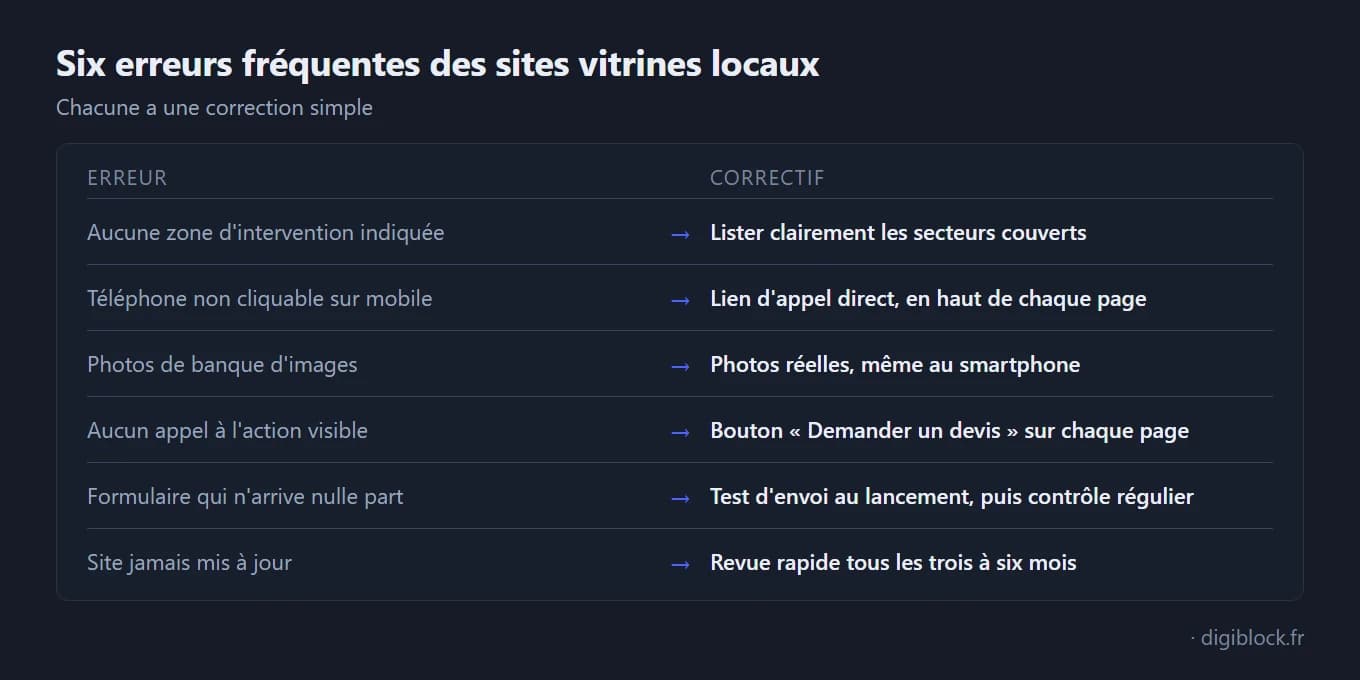 Tableau des six erreurs fréquentes des sites vitrines locaux et de leur correctif : aucune zone d'intervention indiquée, lister clairement les secteurs couverts ; téléphone non cliquable sur mobile, lien d'appel direct en haut de chaque page ; photos de banque d'images, photos réelles même au smartphone ; aucun appel à l'action visible, bouton « Demander un devis » sur chaque page ; formulaire qui n'arrive nulle part, test d'envoi au lancement puis contrôle régulier ; site jamais mis à jour, revue rapide tous les trois à six mois.