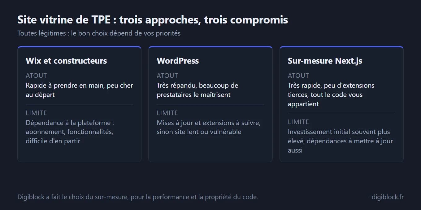Comparaison en trois colonnes des solutions pour un site vitrine de TPE. Wix et constructeurs : rapide à prendre en main et peu cher au départ, mais dépendance à la plateforme (abonnement, fonctionnalités, difficile d'en partir). WordPress : très répandu et maîtrisé par beaucoup de prestataires, mais mises à jour et extensions à suivre, sinon site lent ou vulnérable. Sur-mesure Next.js : très rapide, peu d'extensions tierces, tout le code vous appartient, mais investissement initial souvent plus élevé et dépendances à mettre à jour aussi.