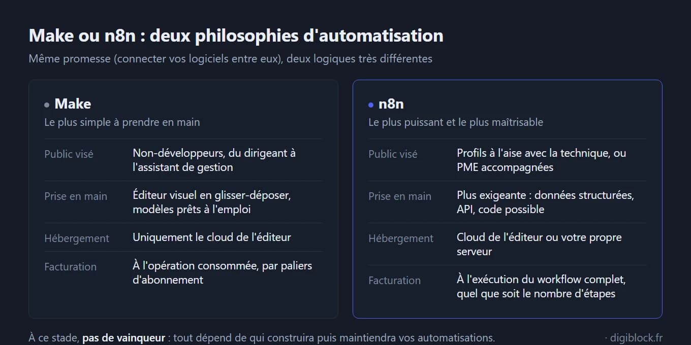 Tableau comparatif sur fond sombre intitulé « Make ou n8n : deux philosophies d'automatisation », avec deux cartes côte à côte. La carte Make, sous-titrée « Le plus simple à prendre en main », indique : public visé non-développeurs du dirigeant à l'assistant de gestion, prise en main par éditeur visuel en glisser-déposer avec modèles prêts à l'emploi, hébergement uniquement dans le cloud de l'éditeur, facturation à l'opération consommée par paliers d'abonnement. La carte n8n, sous-titrée « Le plus puissant et le plus maîtrisable », indique : public visé profils à l'aise avec la technique ou PME accompagnées, prise en main plus exigeante (données structurées, API, code possible), hébergement au choix cloud de l'éditeur ou propre serveur, facturation à l'exécution du workflow complet quel que soit le nombre d'étapes. En pied : à ce stade, pas de vainqueur, tout dépend de qui construira puis maintiendra vos automatisations.