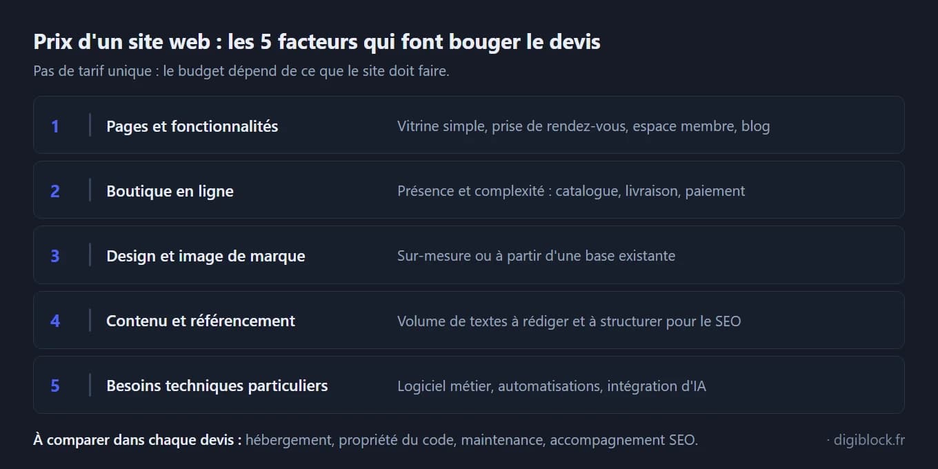 Infographie sur fond sombre listant les 5 facteurs qui font varier le devis d'un site web : pages et fonctionnalités, boutique en ligne, design et image de marque, contenu et référencement, besoins techniques particuliers, avec en pied les éléments à comparer dans chaque devis (hébergement, propriété du code, maintenance, accompagnement SEO).