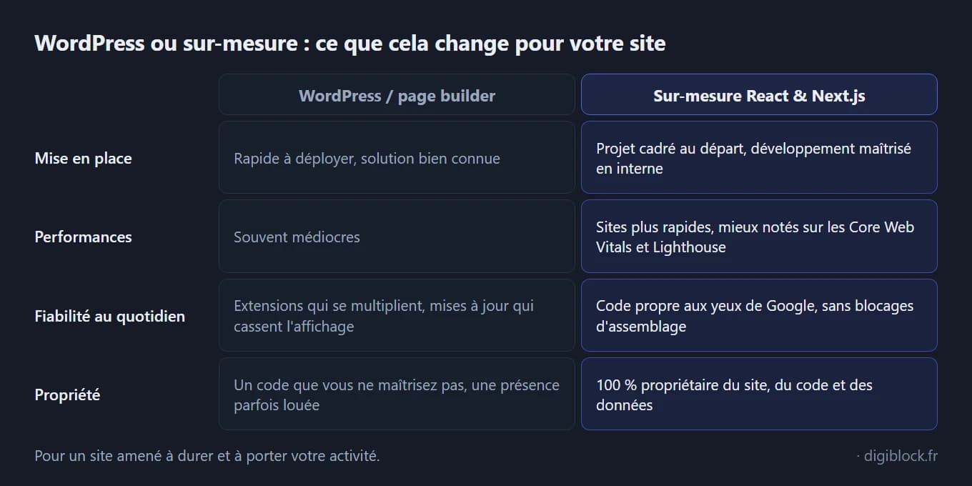 Tableau comparatif sur fond sombre entre WordPress avec page builder et un site sur-mesure en React et Next.js, sur quatre critères : mise en place, performances, fiabilité au quotidien et propriété du site, du code et des données.